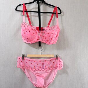 Adore Me Pink Sheer Lace Bra & Panty Set 38DDD / 1X Panty Red Heart Lingerie